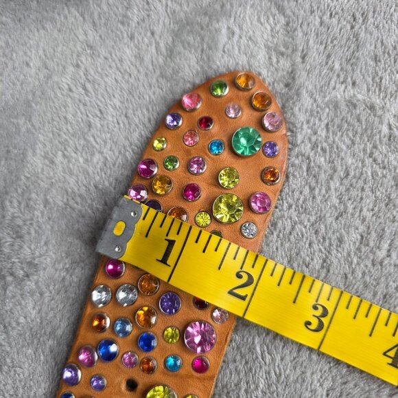 Genuine Leather Belt Multicolored Rhinestones & Polished Ring Buckle Size M 43" - Picture 6 of 6
